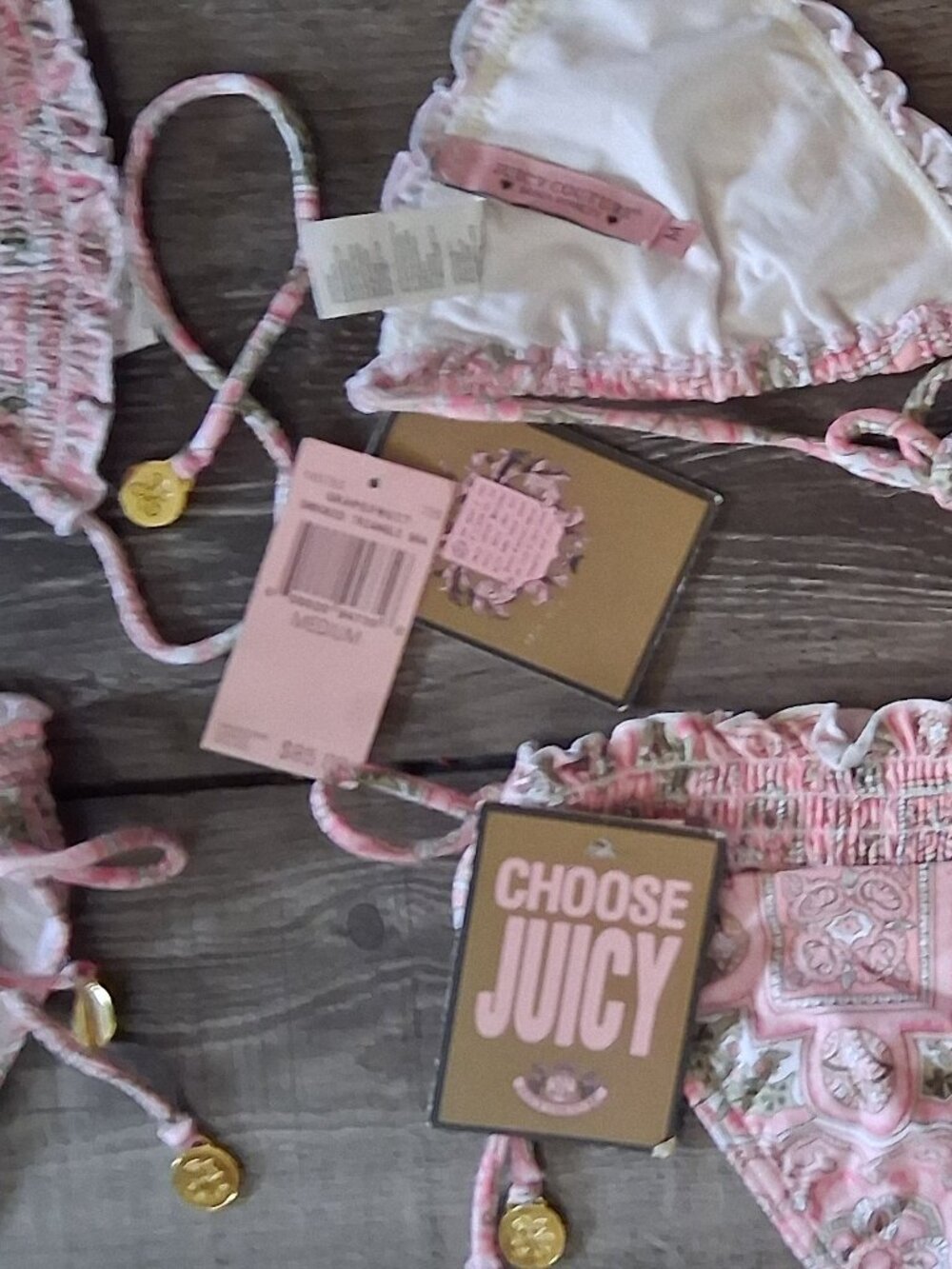 JUICY COUTURE PINK SMOCKED STRING BIKINI Medium or Large NEW - Picture 1 of 14